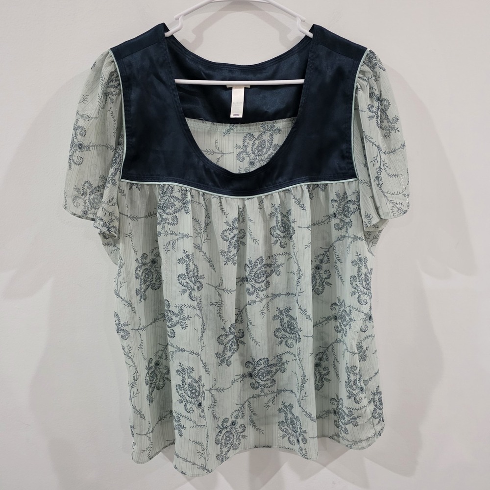Vintage Old Navy Womens Top Size XXL‎ Satin Jade Green Semi Sheer Floral Regency